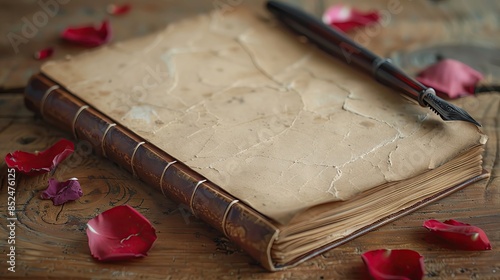 A high-resolution image of a blank journal page with a quill pen and scattered rose petals, perfect for a poetic and elegant background with copy space photo