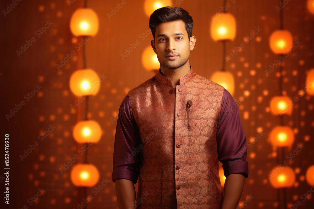 young indian man in traditional wear on lighting background young indian man in traditional wear on lighting background