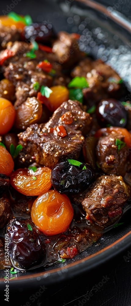 A closeup of Lham Lahlou, showcasing tender lamb in a glossy, sweet, and savory sauce, with vibrant prunes and apricots, creating a delicious and delightful meal ultra HD,up32K HD A closeup of Lham Lahlou, showcasing tender lamb in a glossy, sweet, and savory sauce, with vibrant prunes and apricots, creating a delicious and delightful meal ultra HD,up32K HD