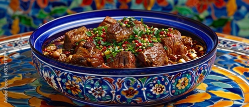 A beautifully presented Lham Lahlou tagine, with succulent lamb pieces in a mouthwatering, sweet, and savory sauce, surrounded by dried fruits and aromatic spices photo