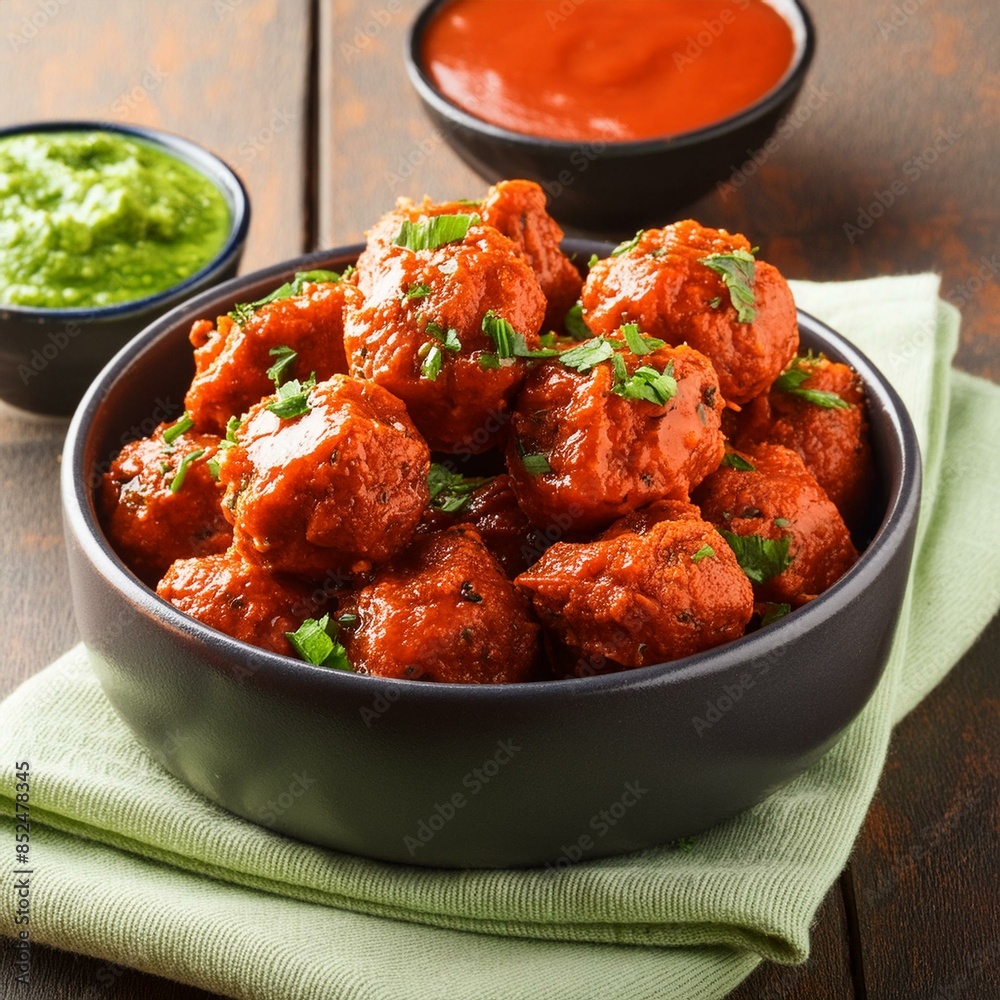 Indian street food dry manchurian served with chutney and sauce Indian street food dry manchurian served with chutney and sauce