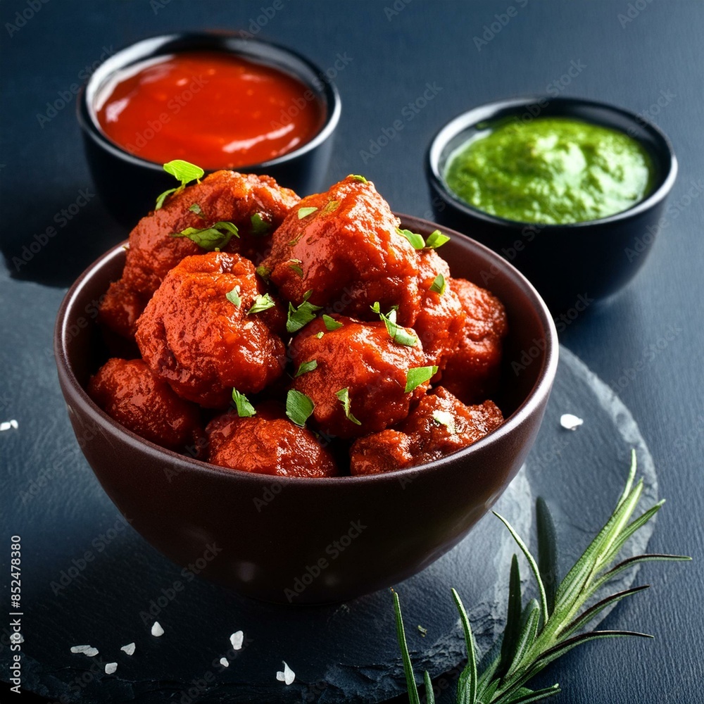 Indian street food dry manchurian served with chutney and sauce 