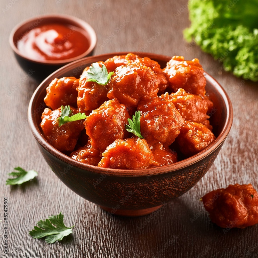 Indian street food dry manchurian served with chutney and sauce Indian street food dry manchurian served with chutney and sauce