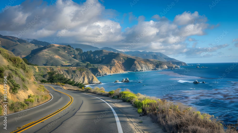 Stunning Coastal Road Winding Through Hills and Ocean Landscape - Photo Stunning Coastal Road Winding Through Hills and Ocean Landscape - Photo