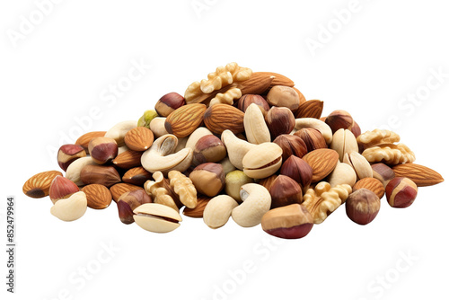 A Symphony of Nuts: A Pile of Almonds, Walnuts, Cashews, and Pistachios on White or PNG Transparent Background.