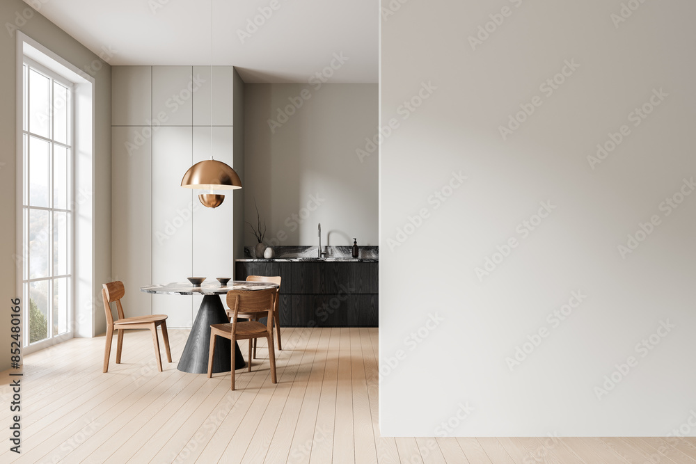 Modern kitchen with dining table and chairs, in a minimalistic style, on a hardwood floor. Light and spacious home interior concept. 3D Rendering Modern kitchen with dining table and chairs, in a minimalistic style, on a hardwood floor. Light and spacious home interior concept. 3D Rendering