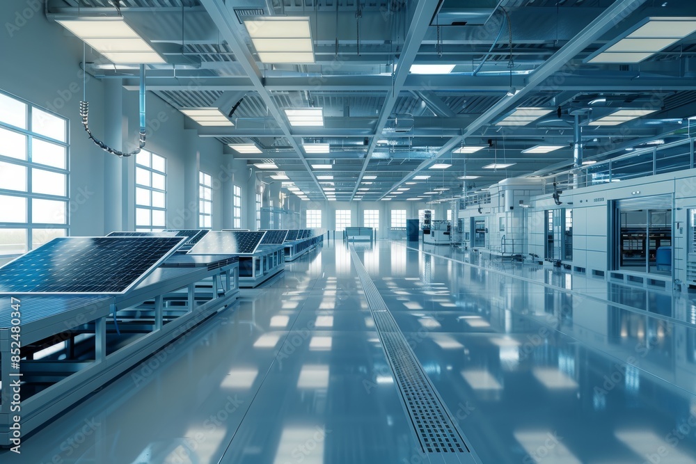 Fototapeta premium Modern Solar Panel Manufacturing Plant Showcasing Advanced Renewable Energy Technology