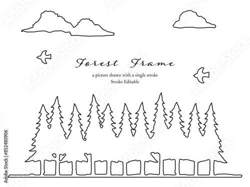 小鳥が飛ぶ空と、針葉樹林（森）の一筆書きの線画フレーム、背景素材。編集可能な線で構成されています。