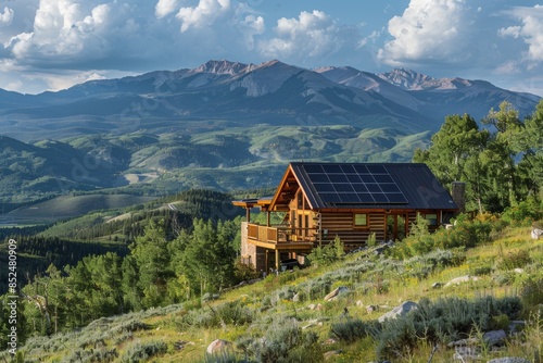 Rustic Solar-Powered Cabin in Mountain Landscape - Nature Retreat, Sustainable Living © spyrakot