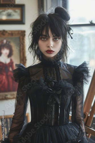 Portrait of a brunette Goth style inspired woman in art gallery, fashion and make-up shoot. Gothic, Goth, Emo, New Wave, Dark style fashion. Dark smokey make-up, red lipstick. Dramatic. Elegant. © steve