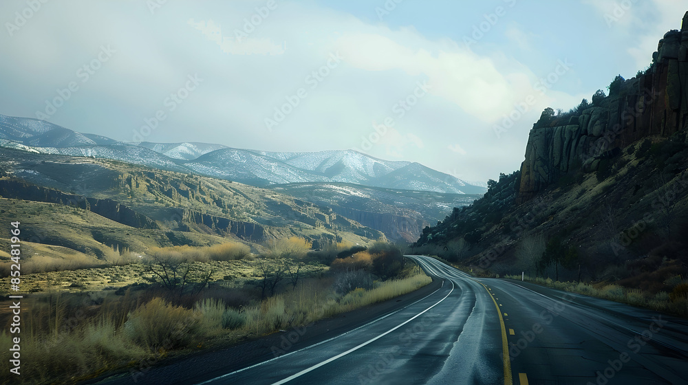 Naklejka premium Snowy Mountain Road with Wet Asphalt Photo