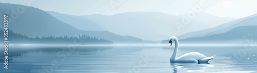 A lone swan glides on a tranquil lake, mountains in the background. photo