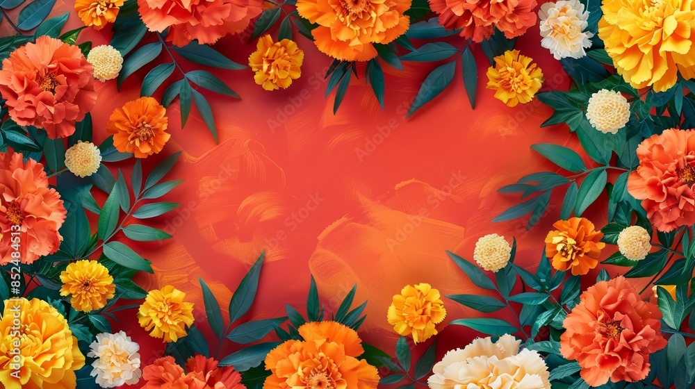 A vibrant floral frame with orange and white flowers and green leaves on a red background. Perfect for celebrating special occasions or adding a touch of nature to your designs. A vibrant floral frame with orange and white flowers and green leaves on a red background. Perfect for celebrating special occasions or adding a touch of nature to your designs.