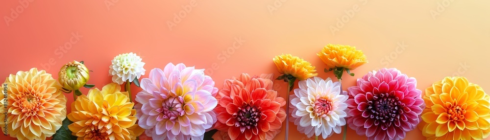 Colorful dahlias arranged in a row against an orange background.