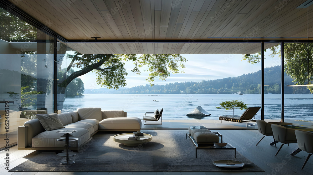 Fototapeta premium Modern Lakefront Living Room Interior Design 3D Illustration