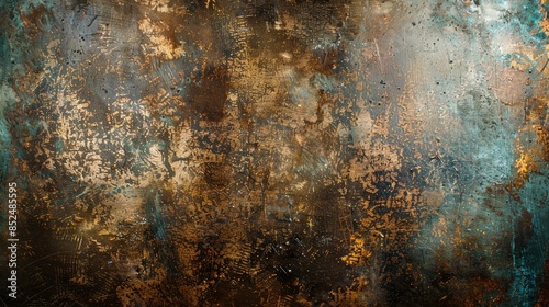 Photograph of a weathered, distressed metallic background with a soft, worn patina, reminiscent of an ancient artifact.