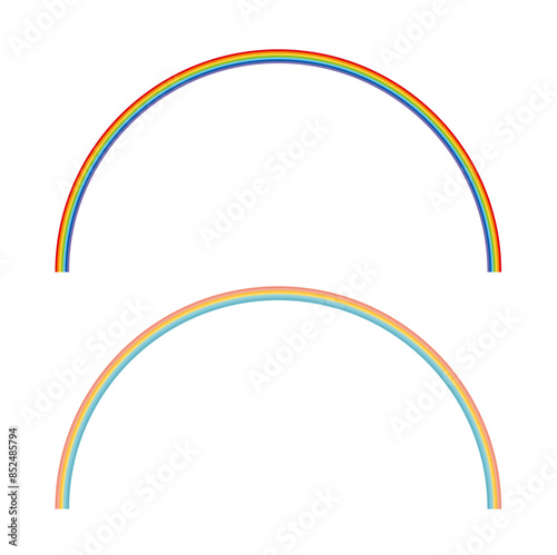 明るい色と淡いパステルカラーの半円形の細い虹のグラフィック素材セット 