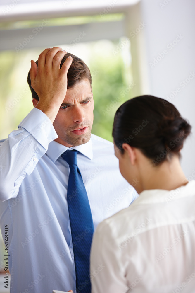 Stress, businessman and employee with colleague, talking and conversation for bad performance at work in office. Mistake, worried and disappointed manager with fail, regret and upset with woman Stress, businessman and employee with colleague, talking and conversation for bad performance at work in office. Mistake, worried and disappointed manager with fail, regret and upset with woman