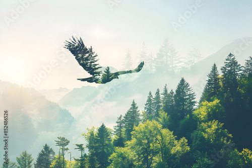 Eagle with a double exposure of soaring over a lush forest