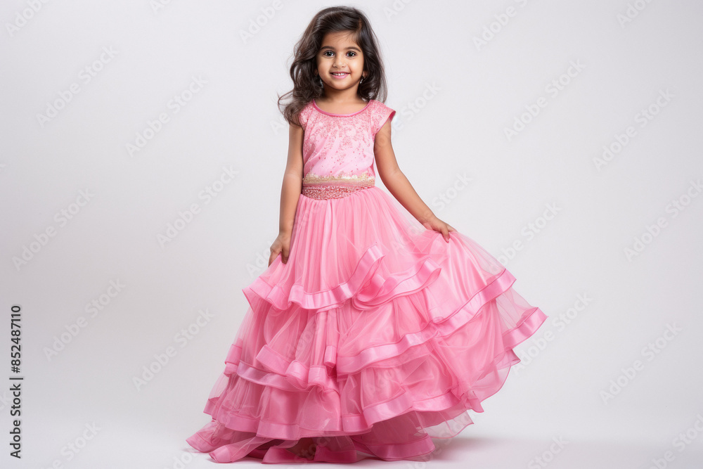 Cute indian little girl child in pink color lehenga choli on white background