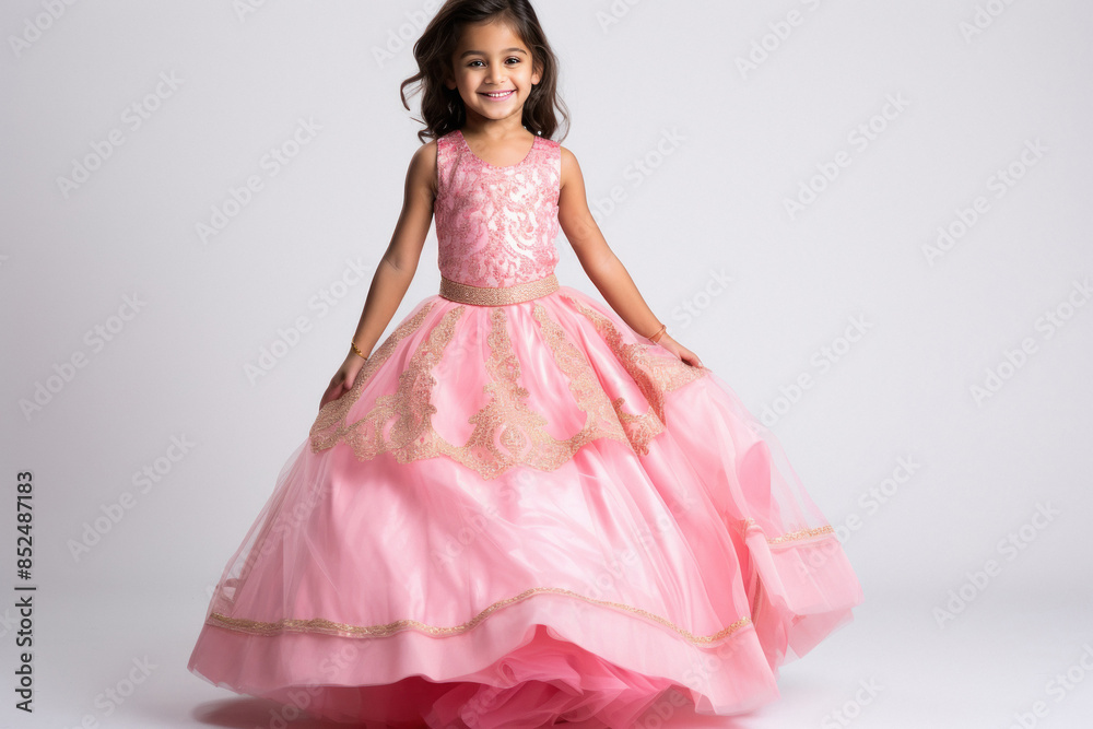 Cute indian little girl child in pink color lehenga choli on white background Cute indian little girl child in pink color lehenga choli on white background