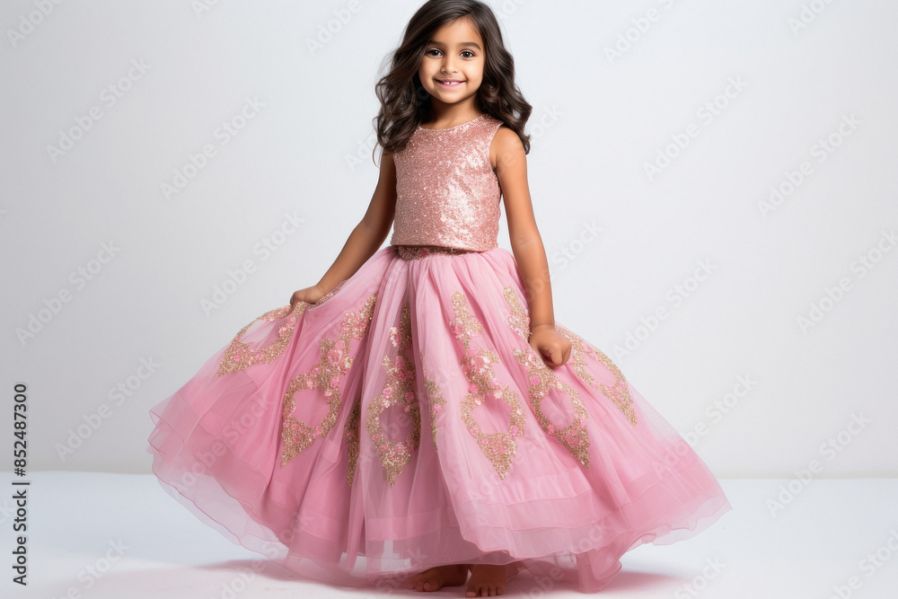Cute indian little girl child in pink color lehenga choli on white background Cute indian little girl child in pink color lehenga choli on white background
