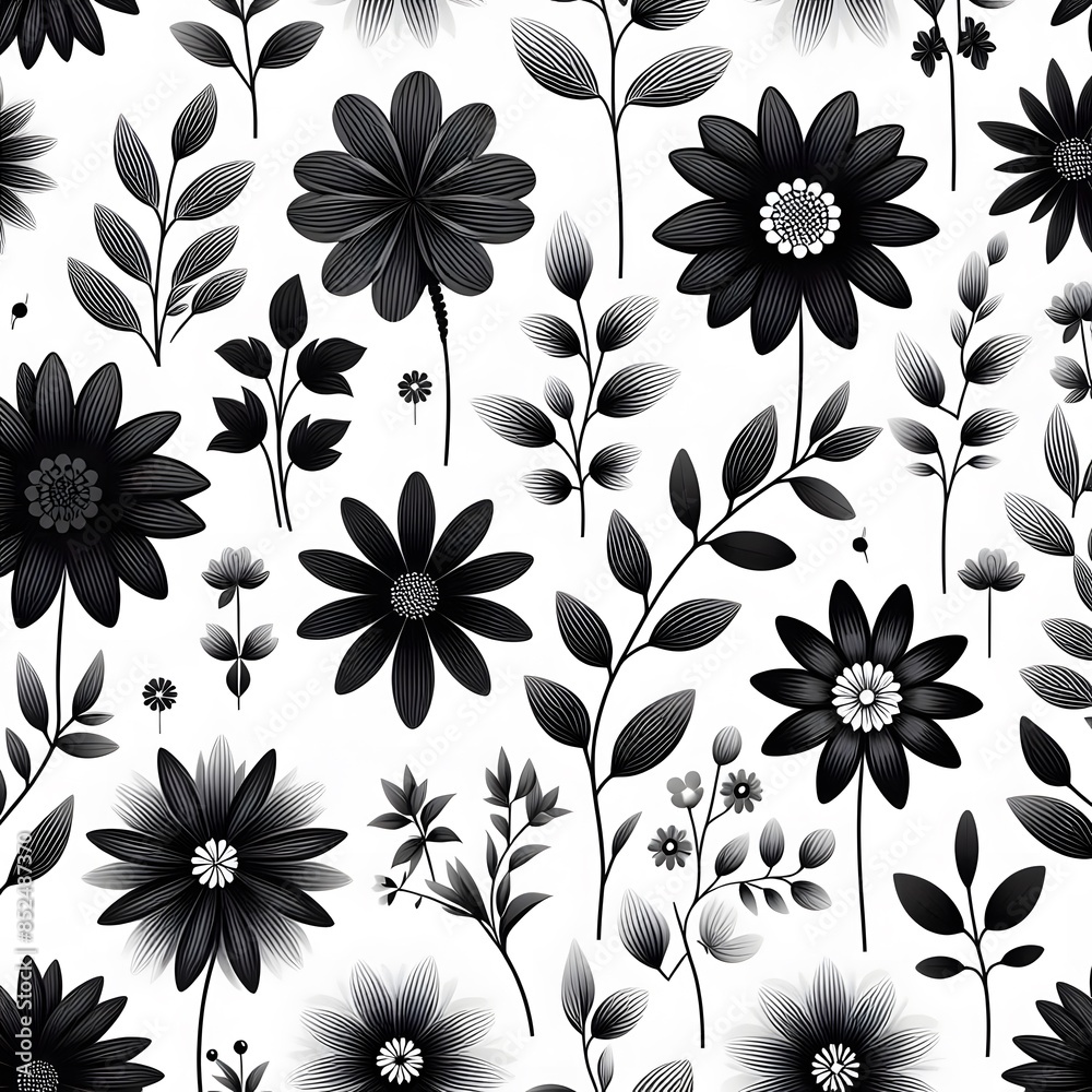 Seamless picture of black flowers on white background