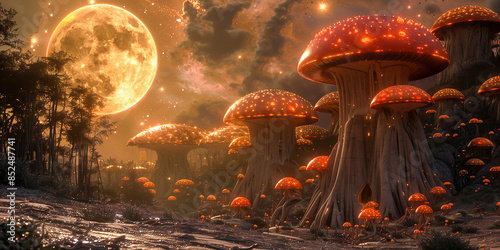 A surreal and enchanting forest scene with glowing mushrooms under a full moon, with a dreamy and magical feel