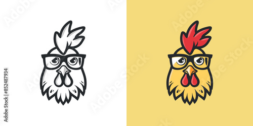 Rooster Cartoon Character Logo Design. Vector Illustration of a Rooster Mascot Wearing Glasses.