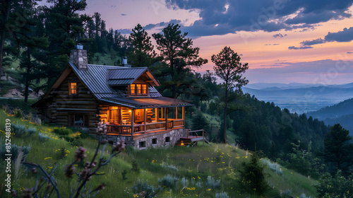 Log Cabin in the Mountains at Sunset - Illustration