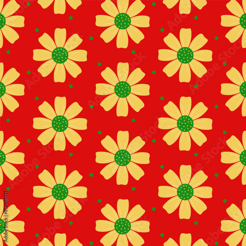 Golden flowers seamless pattern isolated on red background.Christmas repeat pattern.Chinese new year wallpaper.Vector graphic illustration.