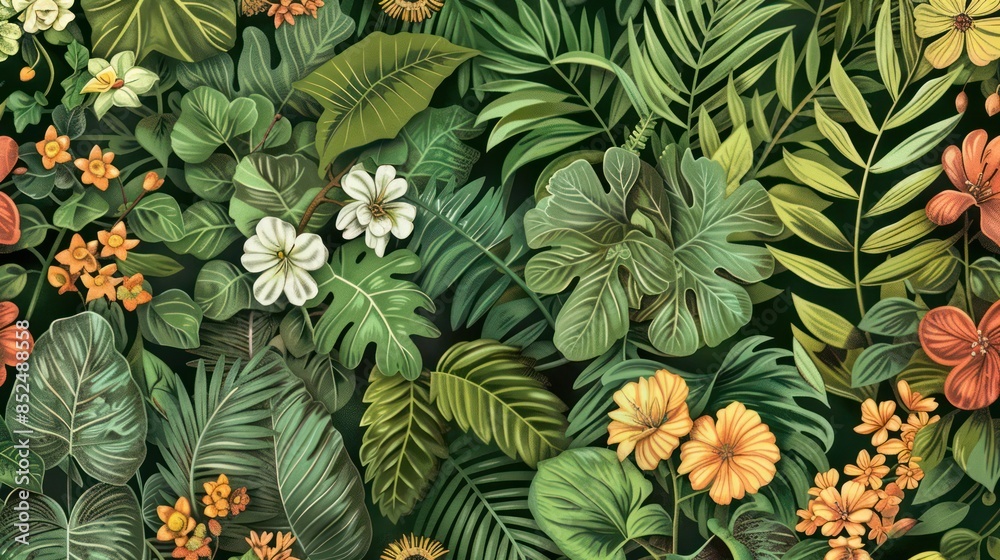 Naklejka premium Abstract foliage and botanical background. Green tropical forest wallpaper of monstera leaves, palm leaf, branches in hand drawn pattern. Exotic plants background for banner, prints, decor, wall art.