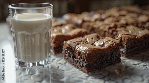 Homemade Delight A digital artwork of a brownie and a glass of milk, showcasing the homemade charm of the treat The scene is warm and inviting, evoking feelings of home and comfort 8K , high-resoluti 