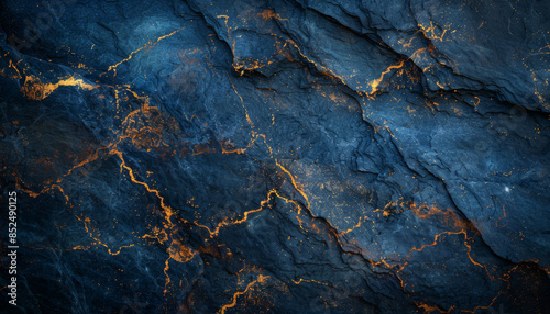 abstract dark blue marble texture background with golden veins photo