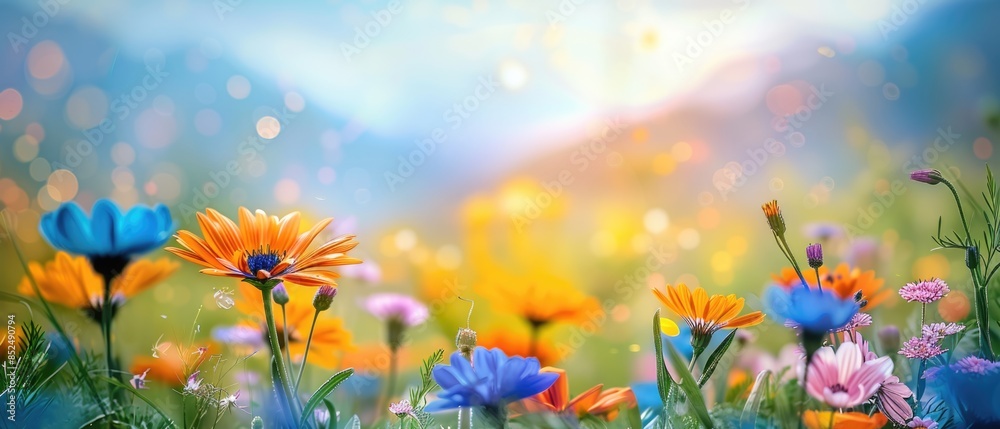Colorful flower meadow with sunbeams and blue sky and bokeh lights in summer - nature background banner with copy space - summer greeting card wildflowers spring concept Colorful flower meadow with sunbeams and blue sky and bokeh lights in summer - nature background banner with copy space - summer greeting card wildflowers spring concept
