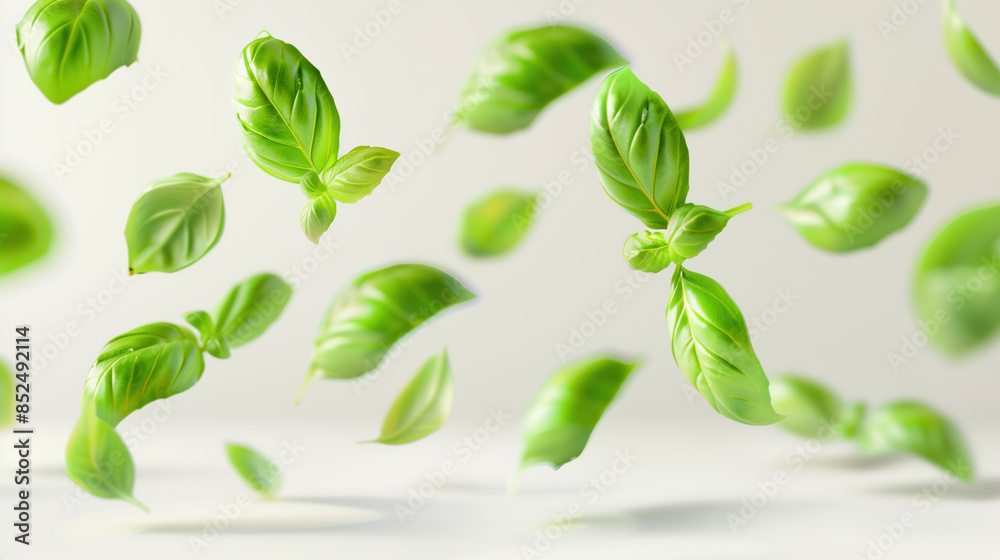 Close-up of Basil Leaves Floating in Transparent Liquid on White Background Close-up of Basil Leaves Floating in Transparent Liquid on White Background
