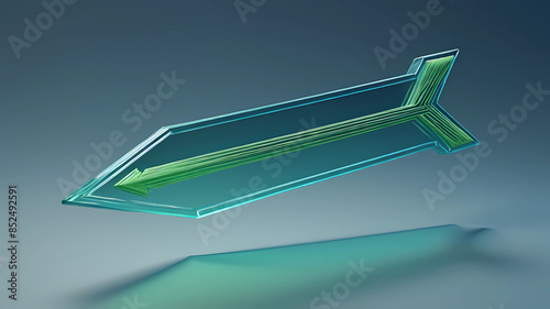 a 3d render of a single transparent green  arrow engraved once on its upper face, in a blue bluish gradient background, complete model isometric left side view, adobe dimension photo