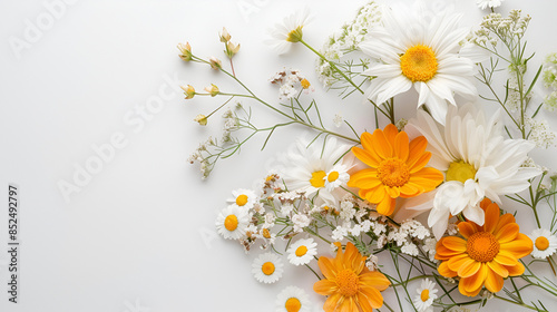 Bright pattern of chamomile daisy flower stems and buds on a white backdrop, Background with a lovely summer flower texture,  A simple and elegant border of spring daisies against a clean white 