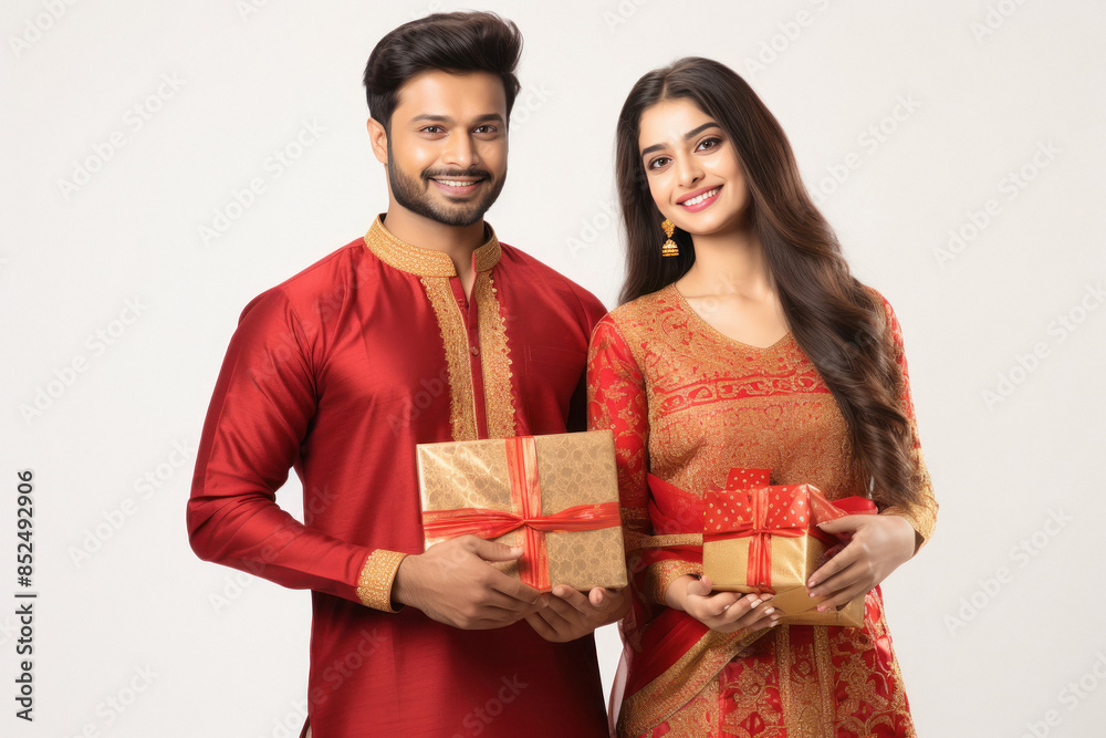 young indian couple in traditional wear holding gift box young indian couple in traditional wear holding gift box