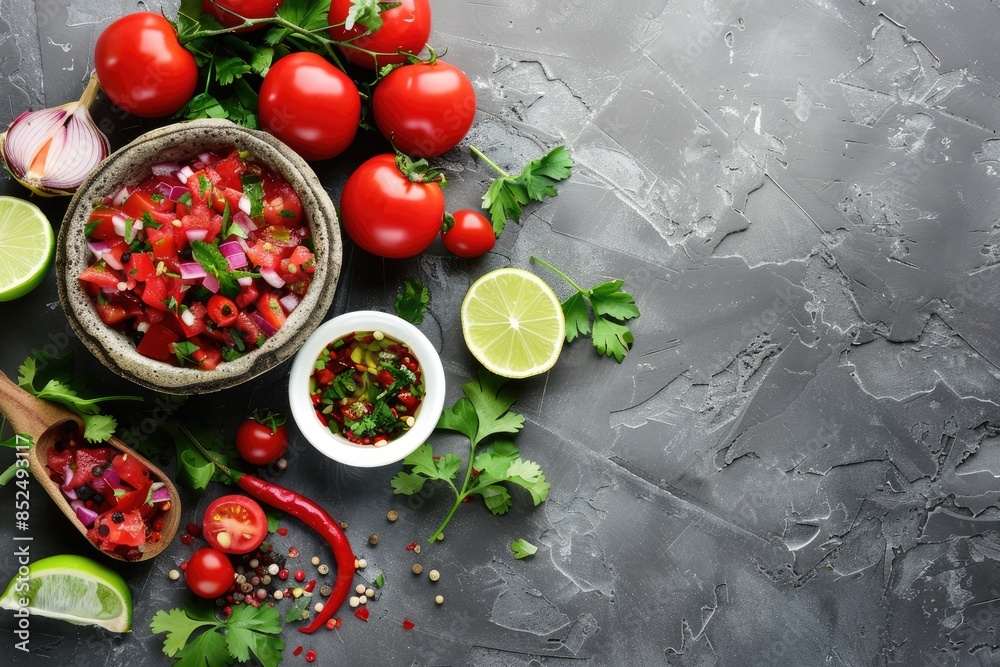 Traditional Mexican tomato salsa (salsa roja) with ingredients displayed on a pale grey slate, stone, or concrete surface. Canva with empty space from a bird's eye view Traditional Mexican tomato salsa (salsa roja) with ingredients displayed on a pale grey slate, stone, or concrete surface. Canva with empty space from a bird's eye view