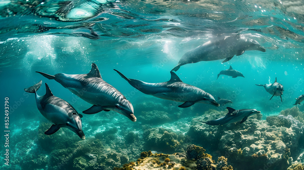 custom made wallpaper toronto digitalUnderwater Photo of a Pod of Dolphins Swimming Near a Coral Reef