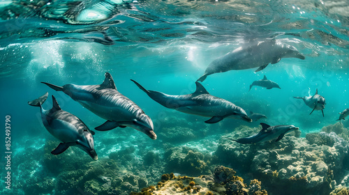 Wallpaper Mural Underwater Photo of a Pod of Dolphins Swimming Near a Coral Reef Torontodigital.ca