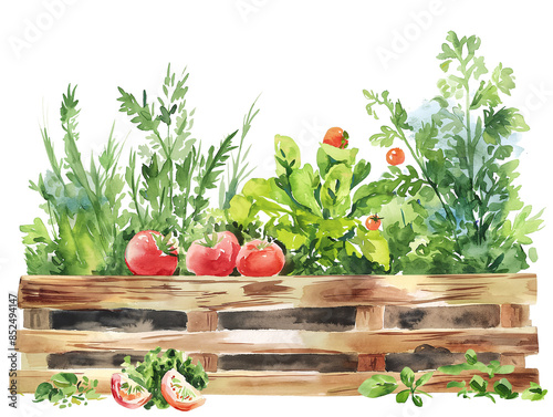 a vegetable garden clipart, garden bed element, watercolor illustration, pastel, isolated on Transparent background