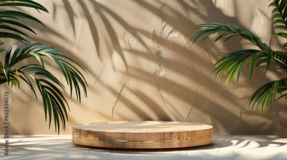 Obraz premium Nature Podium pedestal with leaf shadow for promotion presentation of cosmetics, healthy or beauty product placement pedestal display. Natural showcase product present