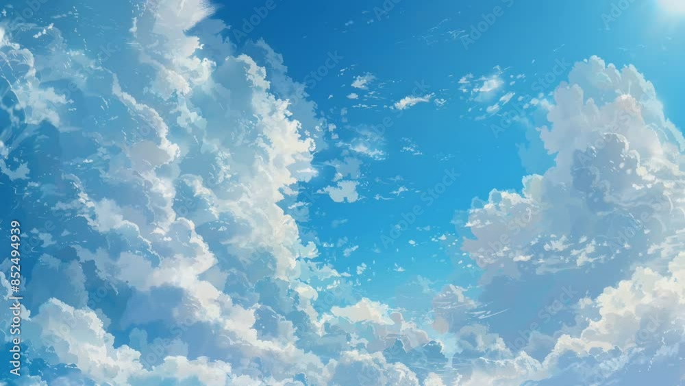 Vibrant blue sky adorned with fluffy white clouds, creating a dynamic and expansive atmosphere anime style