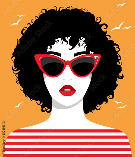 1496_Beautiful woman with black curly hair and cat-eye red sunglasses