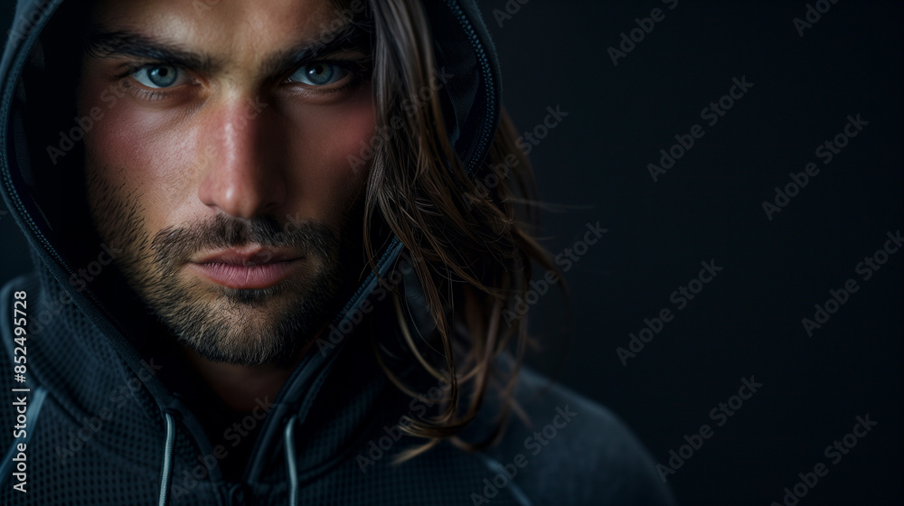 Close-Up Portrait of a Male Model in a Hooded Jacket Close-Up Portrait of a Male Model in a Hooded Jacket