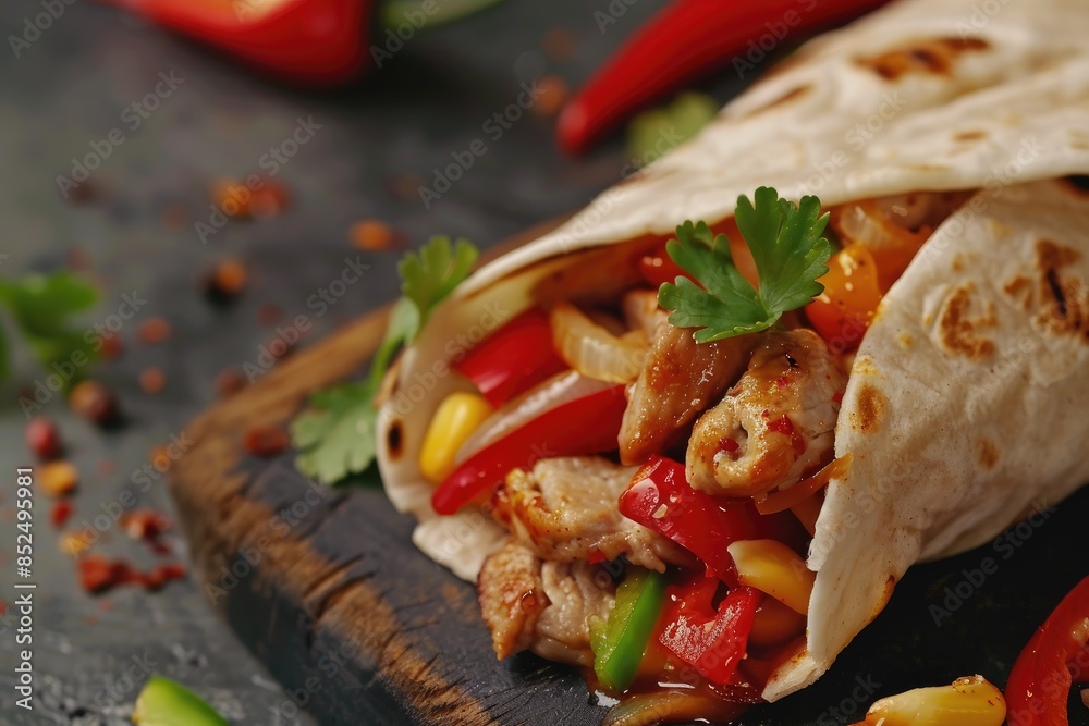 Mexican street food fajita wrap with copy space for text. Mexican street food fajita wrap with copy space for text.