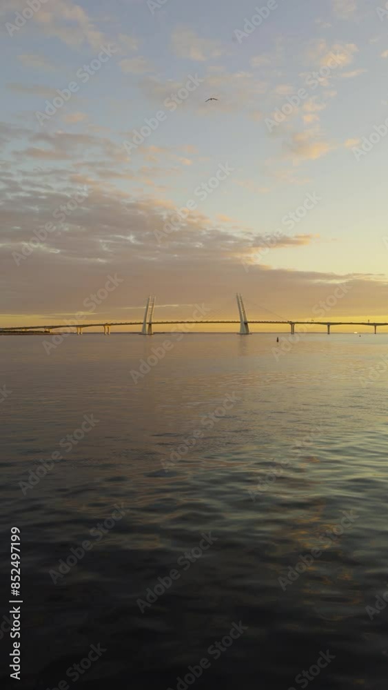 A breathtaking view of a modern cable-stayed bridge silhouetted against a warm sunset sky. The serene waters below reflect the bridge's elegant structure, creating a perfect blend of nature and A breathtaking view of a modern cable-stayed bridge silhouetted against a warm sunset sky. The serene waters below reflect the bridge's elegant structure, creating a perfect blend of nature and