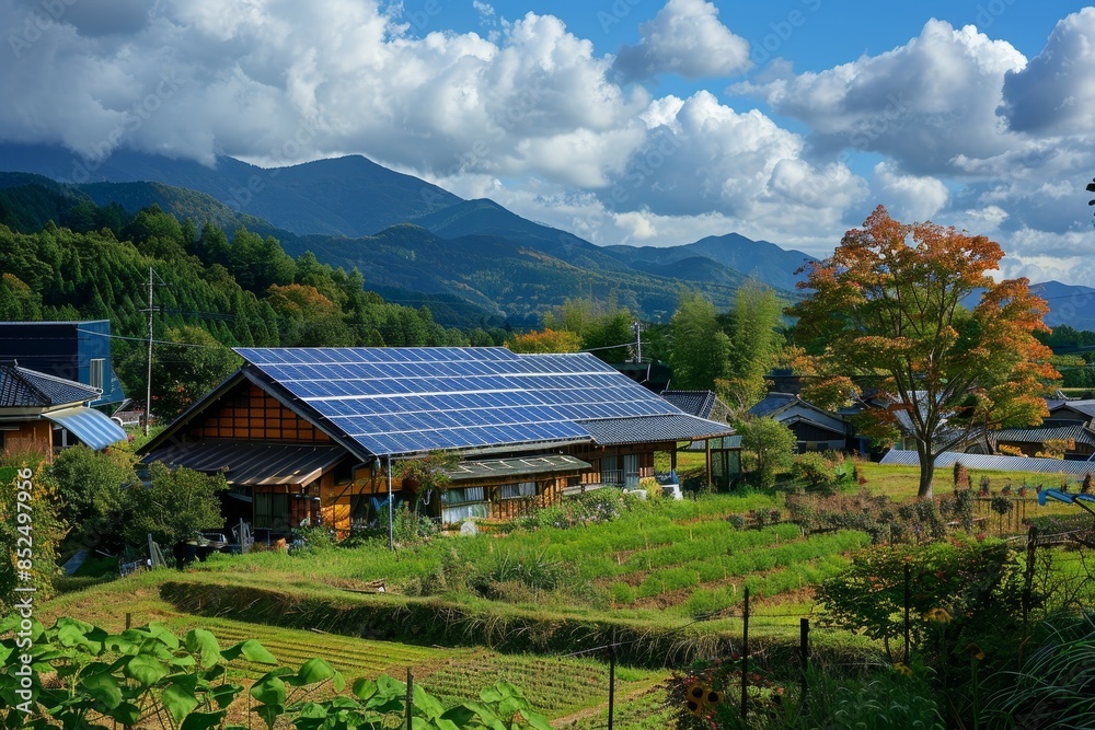 田舎の家の屋根に置かれたソーラーパネル。Solar panels on the roof of a rural house.Generative AI 田舎の家の屋根に置かれたソーラーパネル。Solar panels on the roof of a rural house.Generative AI